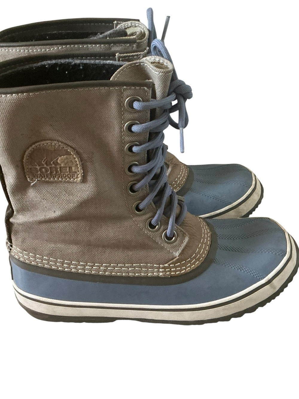 Sorel 1964 premium CVS waterproof boots tan and blue size 8 winter snow boot
